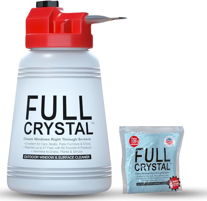 Full Crystal Window Cleaning Kit – 4 oz Glass Cleaner and Bottle with 27 ft Reach Makes Up to 640 fl oz Cleans Up to 20 Windows Scrub-Free Rinse-Free