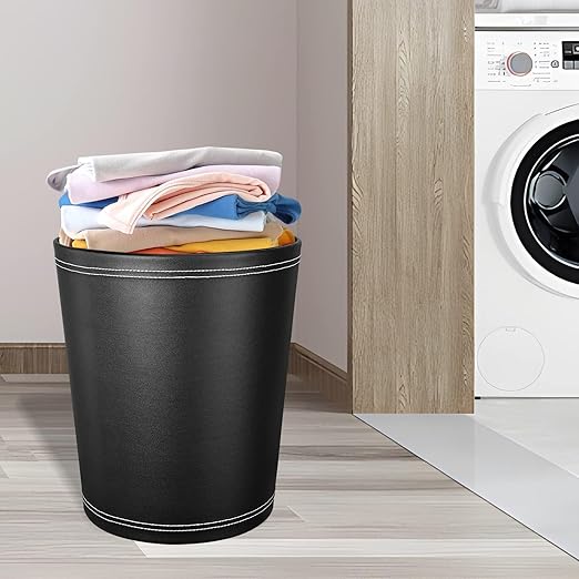 GORESE Pu Leather Trash Can 2.6 Gallon Black Bathroom Trash Can Small Office Garbage Can Wastebasket for Bedroom Kitchen Round Trash Bin Decorative Under-Sink/Desk/Home Easy to Clean
