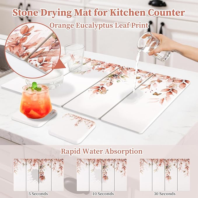 Large Stone Dish Drying Mat for Kitchen Counter 24×16 Quick Dry Dishes Mats Foldable Diatomaceous Earth Drying Organizer Pad Water Absorbing for Plate Bottles Utensils