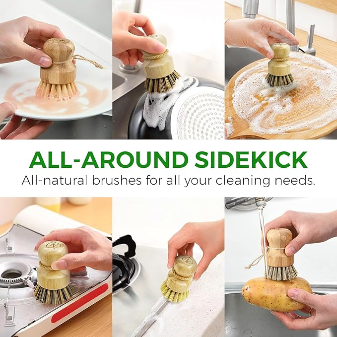 Bamboo Dish Brush Set of 3 - Natural Wooden Dish Scrubber w/Medium Stiff Sisal &amp Coconut Bristles - Kitchen Scrub Brush for Dishes Pots &amp Pans - Plastic Free Non Scratch Bristles