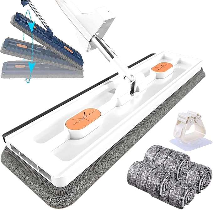 Self-Wringing 360° Flat Mop Multi-Functional Floor Mops Wall Cleaning with 2/4 Microfiber Pads 54 Adjustable Stainless Steel Long Handle Mop for Floors Corner Window (White+4 Mops)