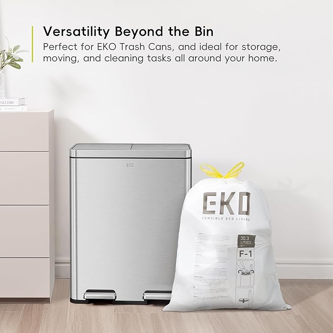 EKO 8 Gallon / 30.3 Liter100 Count Drawstring Trash Bags Extra-Strong Unscented Garbage Bags Easy-Dispense Roll for Kitchen &amp Household Use Resists Tears Leaks and Punctures Code F-1 White