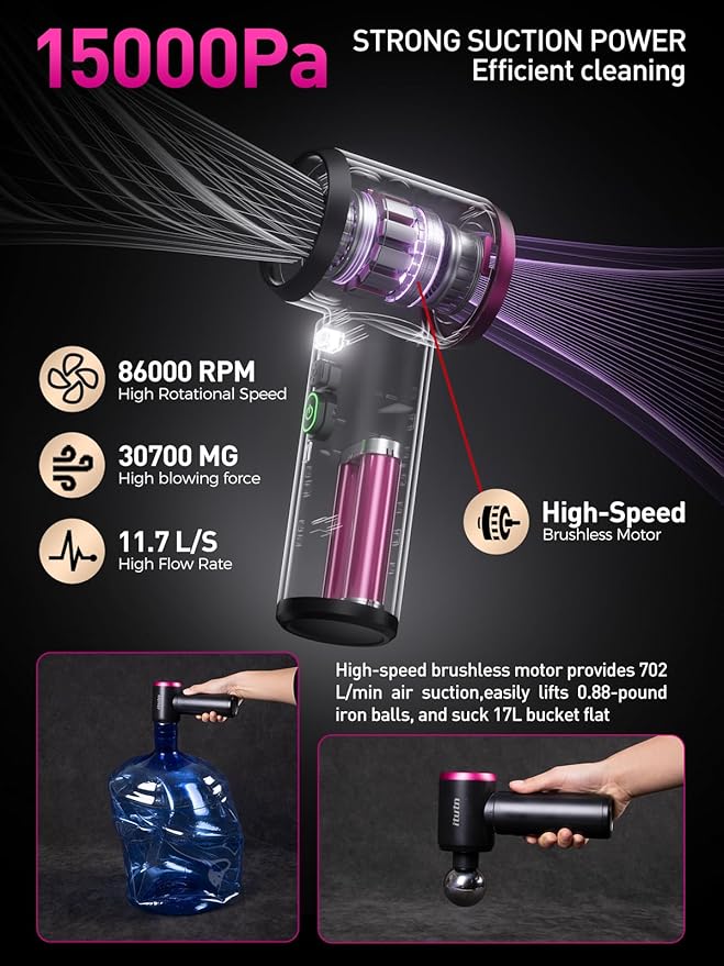 Mini Car Vacuum Portable Cordless with LED Light 15000PA Powerful Suction 80W High Power One-Click Empty Dual Hepa Filter Car Vacuum Cleaner &amp Air Duster for Home Desk PC Keyboard