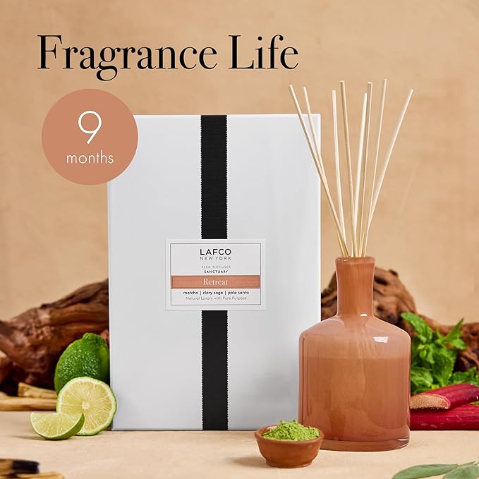LAFCO New York Signature Reed Diffuser Retreat - 15 oz - Up to 9 Months Fragrance Life - Reusable Hand Blown Glass Vessel - Natural Wood Reeds - Made in The USA