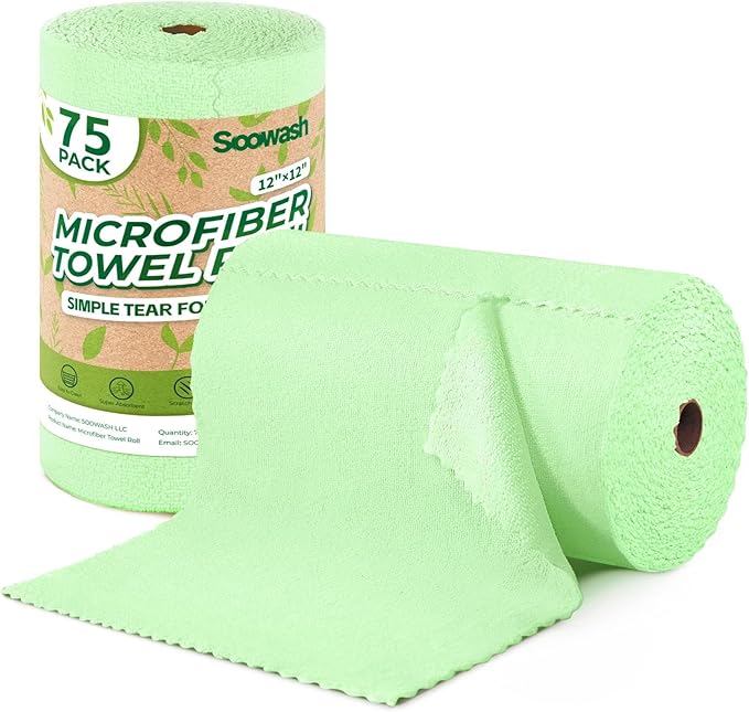 Microfiber Cleaning Cloths Roll 75 Pack Tear Away Microfiber Towels Roll 12 x 12 Lint Free Rags Reusable Cleaning Cloths Washable Scratch FreeUltra Absorbent Dish Rags(Green)