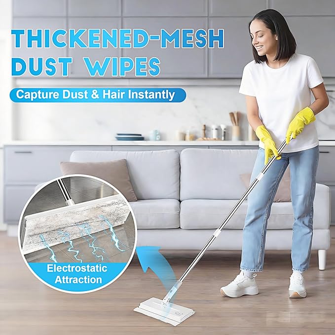 Snap Grip Mop Cloth Changing Mop Zero Touch Lazy Mopa with Automatic Cloth Changing Wet &amp Dry Dust Mopping for Hardwood Vinyl Laminate Tile Includes 20 Dry Pads Home Cleaning Essential (Wh