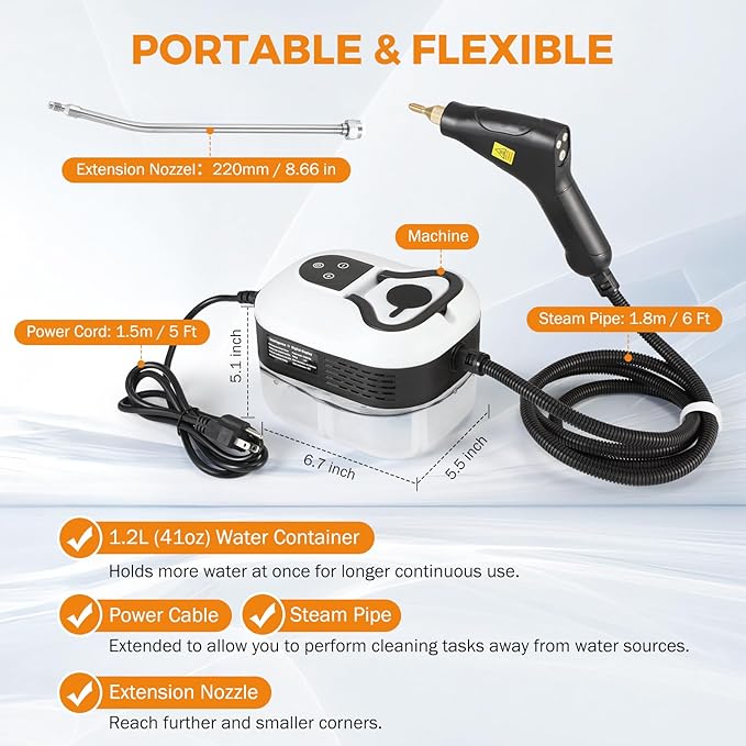 BEAMNOVA Steam Cleaner for Car Detailing 1.2L (41oz) Water Container Handheld Steamer for Cleaning Portable Steam Gun High Pressure Multipurpose Steam Machine White