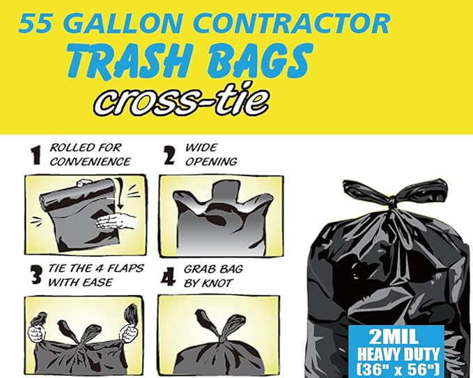 Contractor Heavy Duty Trash Bags 55 Gallon | 52 Count | 2 MIL | 36 X 56 | Large Black Flap Tie Construction Garbage Bags for Business Home Commercial Industrial Storage Outdoor