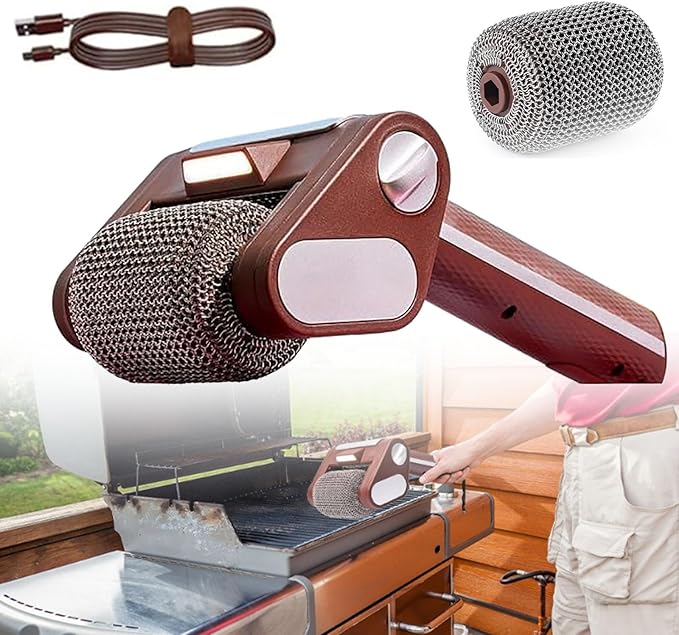 Stainless Steel Grill Cleaner Electric Grill Brush Bristles Free BBQ Cleaning Brush Cordless BBQ Cleaning Kit with LED Detachable 350 RPM Stainless Roller