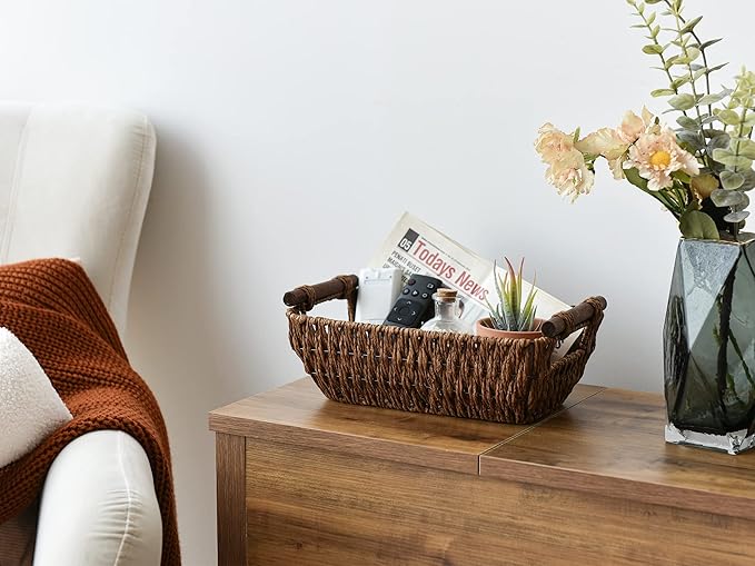 StorageWorks Handwoven Small Wicker Baskets Round Paper Rope Storage Baskets with Wooden Handles Dark Brown 2-Pack