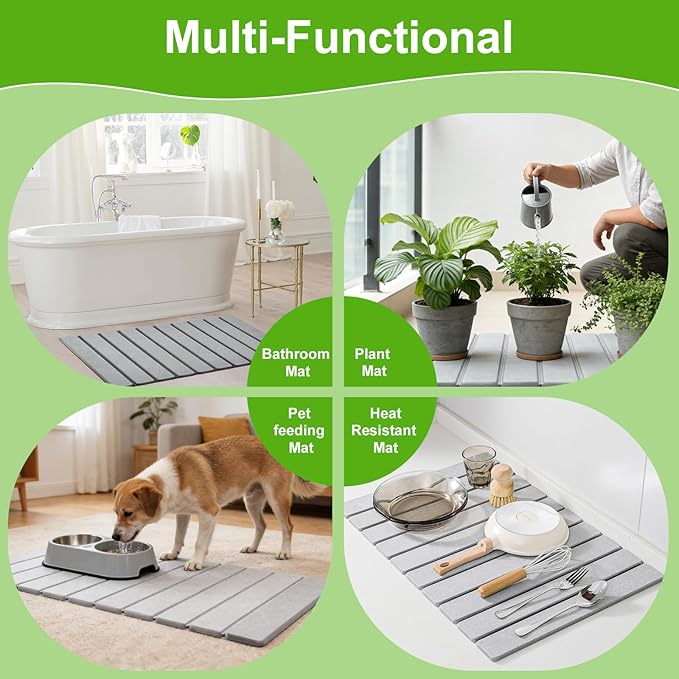 Stone Dish Drying Mat for Kitchen Counter - Large Foldable Collapsible Quick Drying Dish Mats Ultra Absorbent Diatomaceous Earth Mats for Kitchen Dishes Bottles Cups Bathroom -Light Gray
