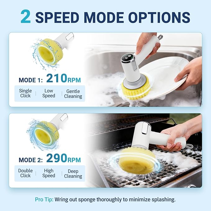Electric Spin Scrubber Compatible with Scrub Daddy/Mommy Coinicxcel 2-Speed Option IP7X Waterproof Smile Sponge Dish Wand Holder with 4 Replaceable Heads Lightweight for Oven/Stove/Sink