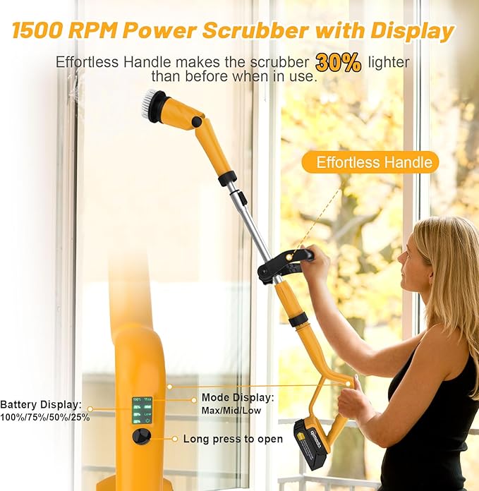 Qimedo 1500 RPM Electric Spin Scrubber with Two Batteries Q2 Pro Cordless Battery Powered Shower ScrubberElectric Tile Floor Scrubber with Display for Grout/Tile/Tub (Effortless Handle/8 Brushes)