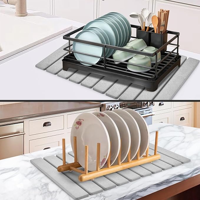 Stone Drying Mat for Kitchen Counter Stone Dish Drying Mat Foldable Super Absorbent Diatomaceous Earth Quick-drying Draining Mat for any Kitchen Countertop (Medium Gray B 23.6”x15.4”)