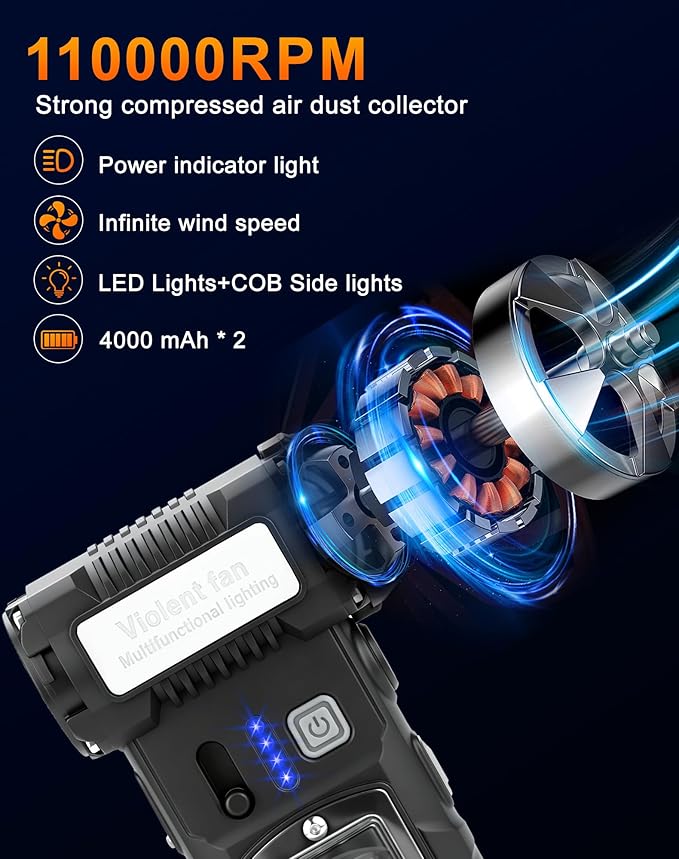 Compressed Air Duster 2 Gear Adjustable 110000RPM Electric Air Duster with LED Light 8000mAh Rechargeable Battery Powerful Dusters for Cleaning Keyboard Computer Car Outdoor Air Bed