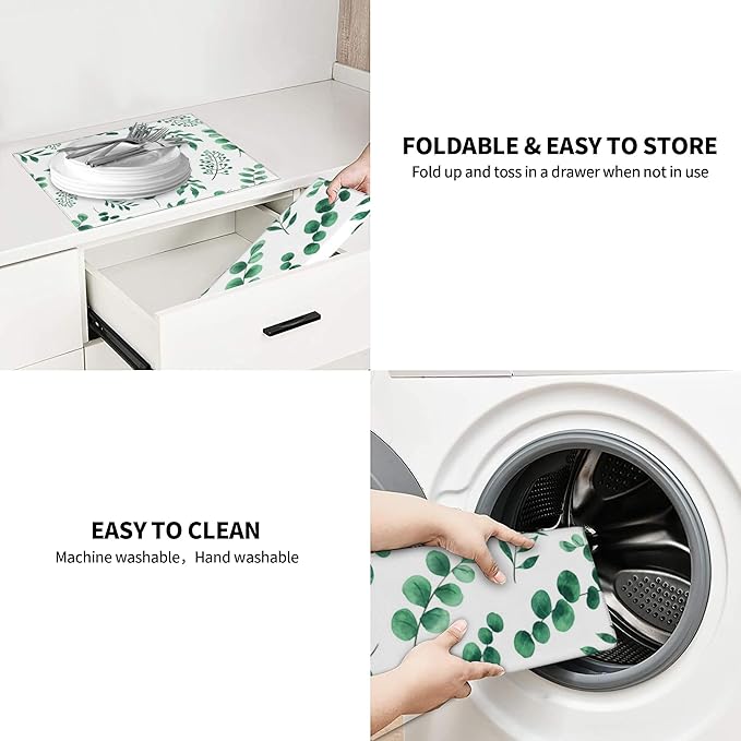 Watercolor Plant Green Leaves Dish Drying Mat for Kitchen Counter 16x18 Microfiber Absorbent Fast Dry Mat 2Pcs Dish Mat Faucet Mats Sets Large Drying Kitchen Mat Kitchen Drying Pad