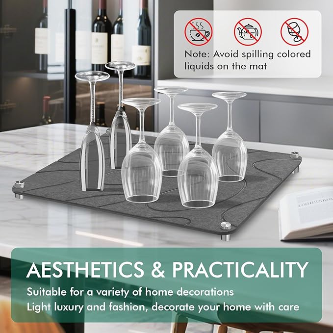 Stone Drying Mat For Kitchen Counter Superb Absorbent Diatomaceous Earth Mats with Non-Slip Feet Quick Dry Stone Dish Drying Pad Dish Pad Multi-Purpose(Flow Line-DarkGrey 15.7 x 11.8)
