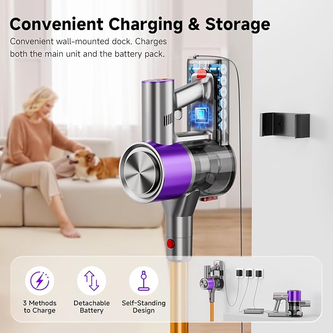 Cordless Stick Vacuum Cleaner 38Kpa Powerful Suction Vacuum Cleaner with LED Headlight Detachable Battery 8-in-1 Lightweight Handheld Vacuums for Pet Hair Carpet and Hardwood Floor Purple