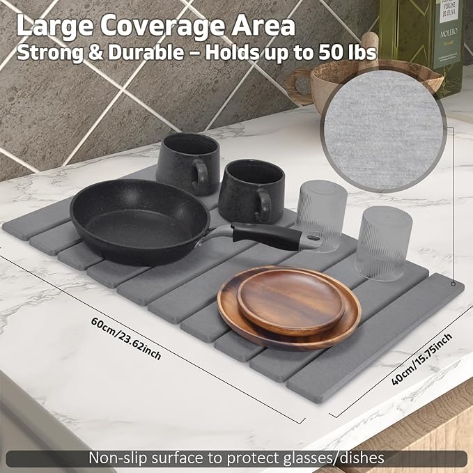 Stone Dish Drying Mat for Kitchen Counter – Collapsible 24(L)×16 (W) Super Absorbent Diatomaceous Earth Dish Drying Mat Grey Kitchen Counter Mats for Dishes Bottles Cups Match Any Countertop