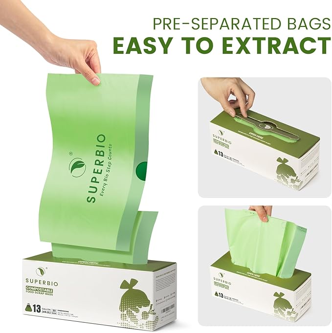 SUPERBIO 13 Gallon Compostable Drawstring Kitchen Waste Bag 49.2 Liter 30 Count1 Mil Heavy Duty Food Scrap Bags BPI Seedling and OK compost INDUSTRIAL