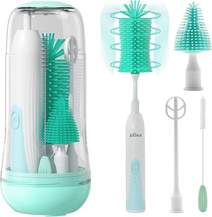 Electric Bottle Brush Cleaner Portable Electric Baby Bottle Brush Cleaner for Travel Rechargable Travel Bottle Cleaner Kit with Nipple &amp Straw Brush Perfect Mom Essentials After Birth Gift Gre