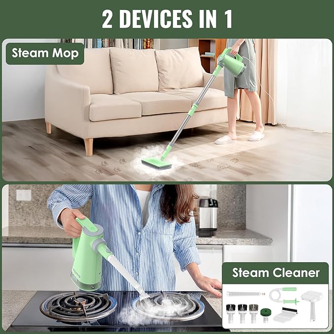 FEPPO 2-in-1 Steam Mop &amp Handheld Cleaner Bundle with 10-in-1 Accessories &amp 4 Washable Pads (Includes 2 Extra Pads) - 1300W Powerful Steamer for Floors Hardwood Tile Grout Windows Kitchen