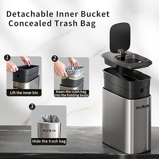 MRBIN Stainless Steel Motion Sensor Bathroom Trash Can 10L / 2.6gal Slim Smart Toilet Waste Basket with Lid Automatic Touchless Kitchen Bucket for Narrow Restroom Vanity Rv Eclipse Grey