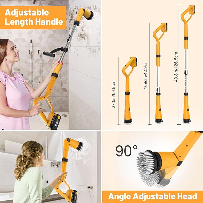 1500 RPM Electric Spin Scrubber for DeWalt 20V Battery Power Shower Scrubber for Bathroom/Floor/Bathtub/Toilet/TileElectric Cleaning Brush with Long Handle &amp 8 Replaceable Brush (Yellow)