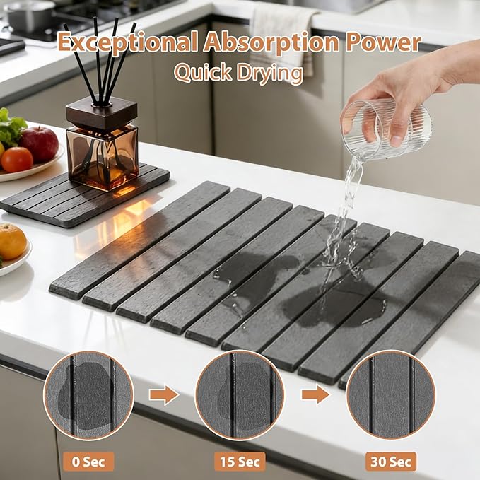 Large Stone Dish Drying Mat for Kitchen Counter 2 PCS Quick Dry Diatomaceous Earth Dish Mat Set – Foldable Water Absorbing Kitchen Gadgets &amp Gifts Home Essentials(Gray Ink 24×16 &amp 8x4)