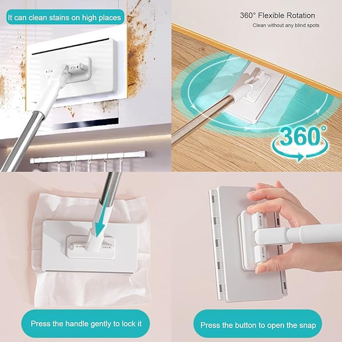 Snap Grip Mini Mop Reusable No-Wash Retractable Gap Dust Cleaner Flat Mops 100cm Long Handle with Locking Head &amp 10pcs Sweeping Cloths for Multi Surfaces Dry &amp Wet Cleaning