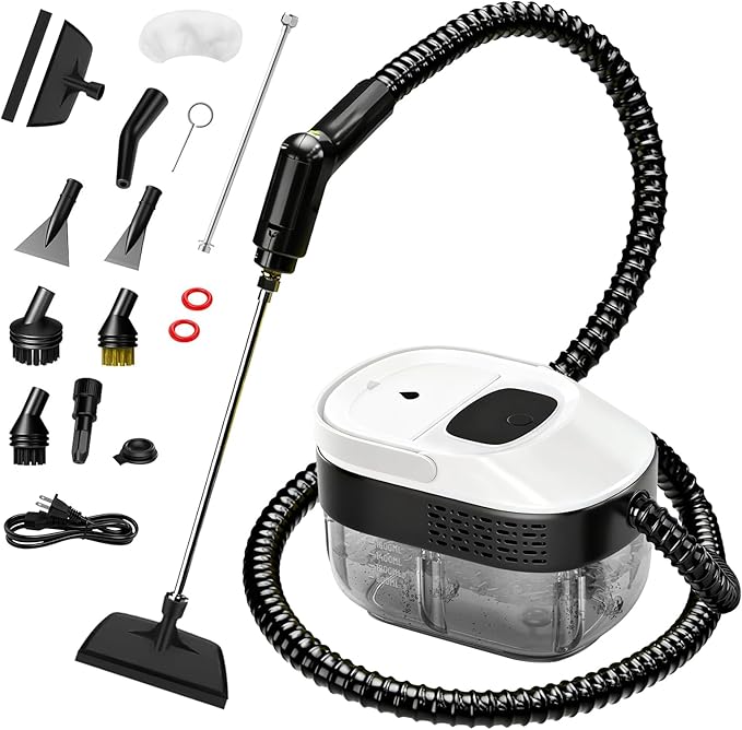 Pressurized Steam Cleaner 54oz Large Tank Portable Steamer for Cleaning with 15-Piece Kit 15s Fast Heat-Up 3-Level Control Handheld Steam Cleaner for Home Car Kitchen Tile Grout(White)