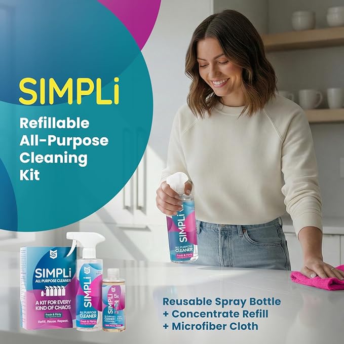 SIMPLi All Purpose Cleaner Starter Kit – Multipurpose Cleaner Concentrate Refill 8.45 fl oz Makes 85 fl oz + Reusable Spray Bottle 17 fl oz – Surface Cleaner for Kitchen Bathroom Glass Floor