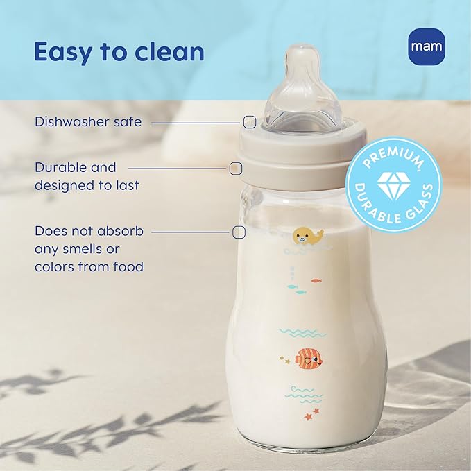 MAM 9oz Premium Glass Wide Neck Baby Bottle with Medium Flow Breastfeeding-Like Silicone Nipple Easy to Clean BPA Free 2+ Months Easy Switch Between Breast and Bottle Made in Europe 3 Pack