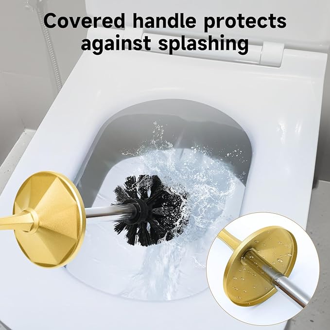 Brass Toilet Brush and HolderExtra Long Handled Gold Toilet Brush for BathroomStainless Steel Heavy Duty Toilet Bowl BrushDeep Cleaning Modern Toilet Cleaner Brush -Space Saving Covered Brush