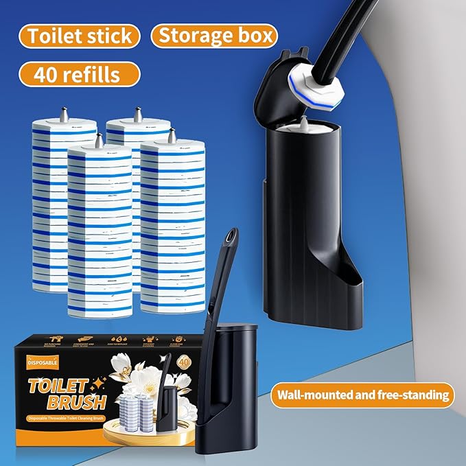 Disposable Toilet Brush - Toilet Bowl Cleaner Toilet Cleaning Supplies Toilet Brush with Holder Toilet Bowl Cleaner Wands40 Refills for Toilet Cleaning and Hygienic Bathroom Maintenance