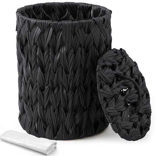 Ctosree 1.3 Gallons Small Trash Can with Lid Handle Boho Woven Braided Bathroom Waste Basket Trash Can with 100 Garbage Bags for Bedroom Office Laundry(BlackBraided PolypropyleneRound)