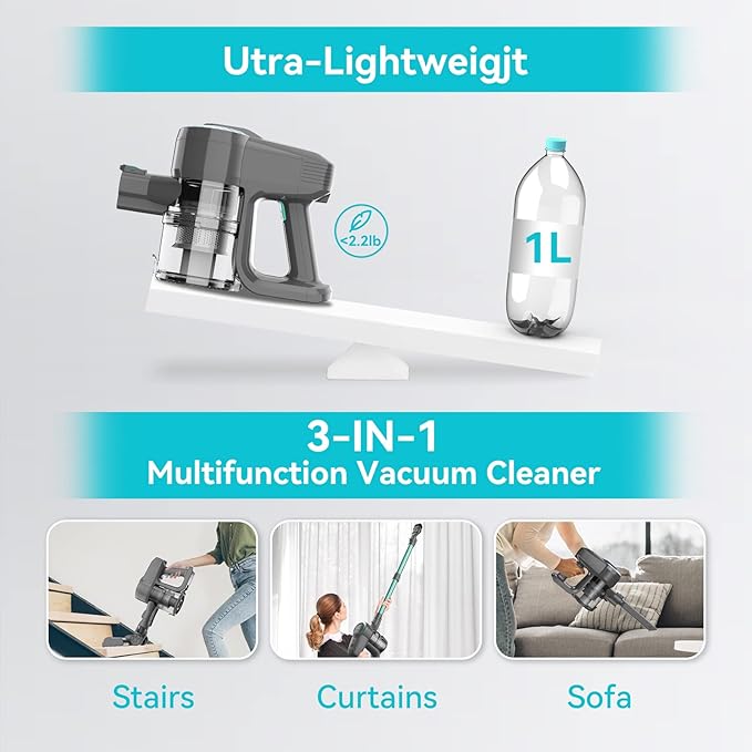 N300 Cordless Vacuum Cleaner 20Kpa Suction Lightweight Stick Vacuum for Carpet and Hard Floor with Attachments