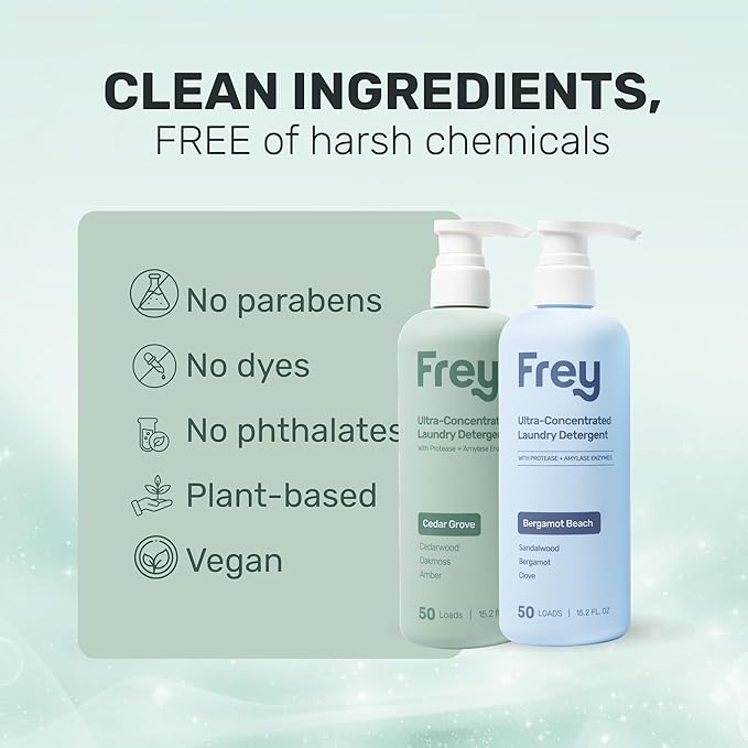 FREY Concentrated Liquid Laundry Detergent | Formulated for Sensitive Skin &amp HE Washers | Removes Stains Effectively | 50 Loads per Bottle (Cedar Grove &amp Bergamot Beach)