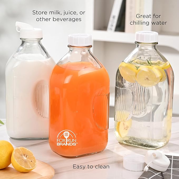 Fox Run Large Glass Milk Bottles Set of 2 64oz/2 Quart Capacity Glass Bottles with Airtight and Pouring Lids