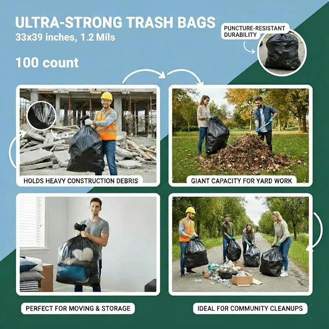 Ultra-Strong Trash Bags 33x39 Inches Heavy Duty 1.2 Mils 100 Count – Large Leak-Proof &amp Tear-Resistant Garbage Bags for Home Kitchen Office &amp Commercial Use 33 Gallon Capacity