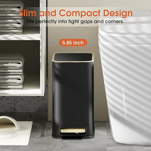 Small Bathroom Trash Can with Lid Soft Close 5L / 1.3 Gallon Slim Garbage Can with Removable Inner Bucket Step Stainless Steel Trash Bin for Office Bathrooms Bedroom Living Room (Black)