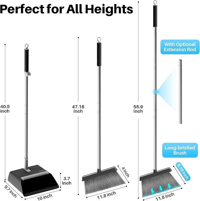 JOYMOOP Black Broom and Dustpan Set Upright Angle Design with Built-in Comb Teeth for Home Office Hardwood Floors Pet Hair