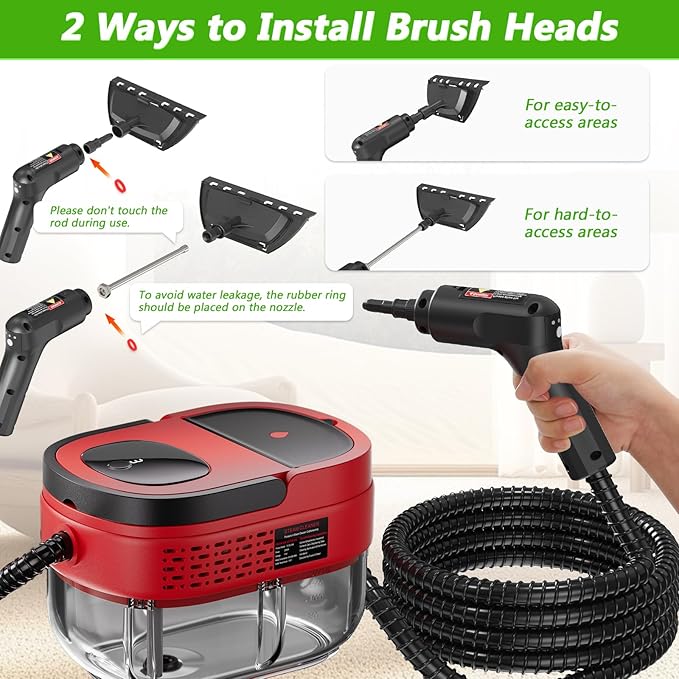 Handheld Steam Cleaner 2500W High Pressure Steamer for Cleaning Portable Steam Cleaner with 1.6L Water Tank 3 Levels Adjustable Handle Steam Cleaner for Home Car Furniture Bed Bugs (Red)