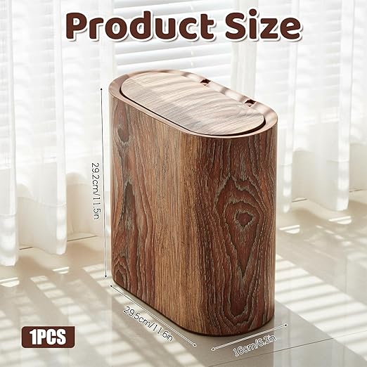 Bathroom Trash Can with Pop-Up Lid Lids Small Garbage Bin Plastic Marble Wood Pattern Trashcans Removable Liner Bucket Wastebasket Modern Narrow Waste Basket for Home Kitchen Bedroom Office