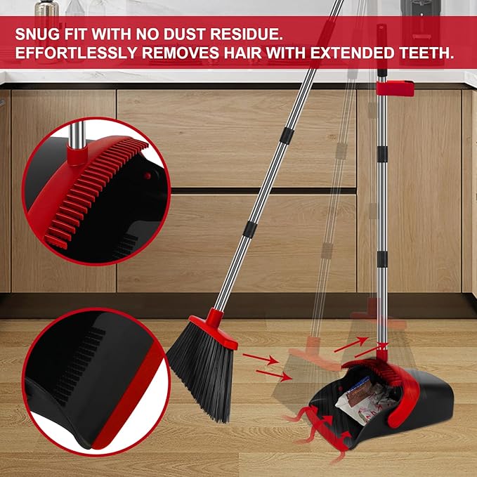 Broom and Dustpan Set Large Household Broom with Dustpan Combo Set 55 Inch Long Handle Red Dust Pan Combo Set for Home
