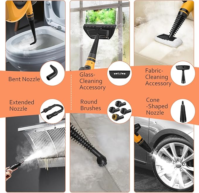 Pressurized Handheld Multi-Surface Natural Steam Cleaner with 12 pcs Accessories Multi-Purpose Steamer for Home Use Steamer for Cleaning Floor Upholstery Grout and Car (Orange)