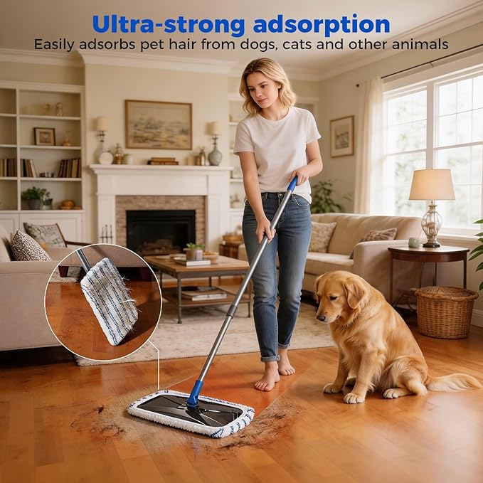 Masthome Extra Large Microfiber Mop for Floor Cleaning 16“ Flat Mop with 5 Pad for Wet &amp Dry Use Dust Mop for Hardwood Laminate Tile Ceramic 1 Cleaning Scraper Included-Blue