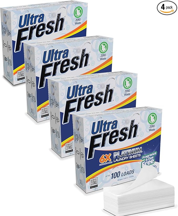 Ultra Fresh Platinum 4 Pack Laundry Soap Detergent Sheets Ultra Concentrated Stain Fighting Fragrance &amp Dye Free 400 Loads