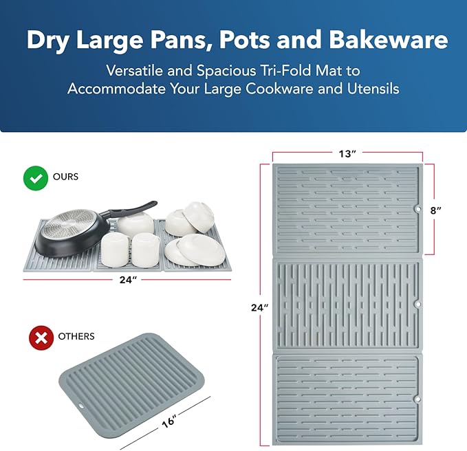 BTH 24 Extra Wide Foldable Dish Drying Mat for Kitchen Countertop Made In Korea Heat-resistant Premium Non-slip Silicone Mat Large Dish Drainer Mat Compact Folding Sink Liner Dishwasher Safe