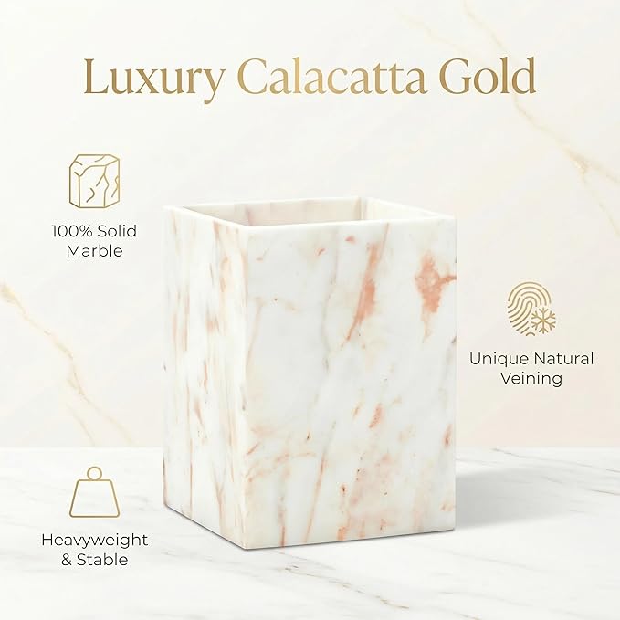 Small Marble Rectangular Trash Can 1.9 Gallon/7.2 Liter Garbage Bin Decorative White Gold Marble Wastebasket Mini Tiny Waste Basket for Bathroom Bedroom Home Office Laundry Room Kitchen